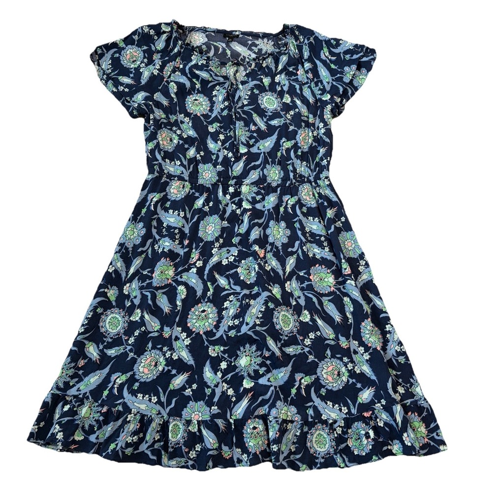 Talbots Midi‎ Dress Womens 14P Blue Floral Fit & Flare Ruffle Summer Career